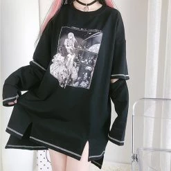 Juwas Japanese Cartoon Girls Print Split Long Hoodie
