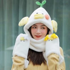 Juwas 3 In 1 Warm Fluffy Chicken Hooded Scarf Gloves