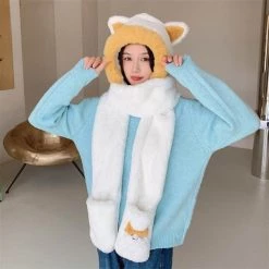 Juwas NEW ARRIVAL Lovely Cat Ears Warm Hooded Scarf Gloves