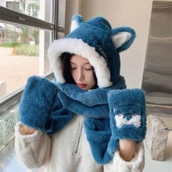 Juwas NEW ARRIVAL Lovely Cat Ears Warm Hooded Scarf Gloves