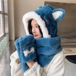 Juwas NEW ARRIVAL Lovely Cat Ears Warm Hooded Scarf Gloves