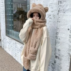 Juwas NEW ARRIVAL Lovely Cat Ears Warm Hooded Scarf Gloves