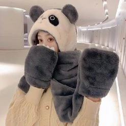 Juwas Cute Panda Hooded Scarf Gloves