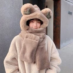 Juwas NEW ARRIVAL Bear Ear Hooded Scarf Gloves