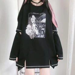 Juwas Japanese Cartoon Girls Print Split Long Hoodie