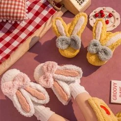 Juwas Fuzzy Rabbit Ear Bowknot Slipper Shoes