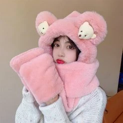 Juwas CLOTHING Cartoon Bear Hooded Scarf Gloves