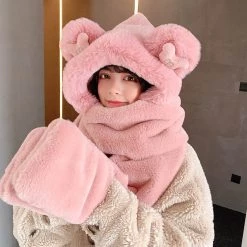 Juwas NEW ARRIVAL Bear Ear Hooded Scarf Gloves