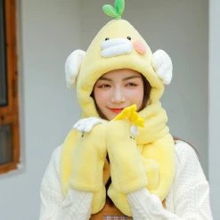 Juwas 3 In 1 Warm Fluffy Chicken Hooded Scarf Gloves