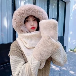 Juwas Lovely Ear Hooded Scarf Gloves CLOTHING