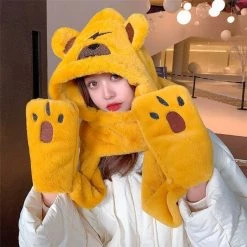 Juwas Cute Bear Hooded Scarf Gloves