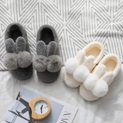 Juwas Shoes Cute Rabbit Fluffy Pom Pom Slipper