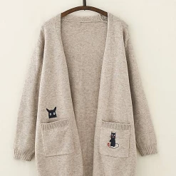 Juwas.com Online Store NEW ARRIVAL Kawaii Cat And Mouse Embroidery Loose Cardigan Sweater